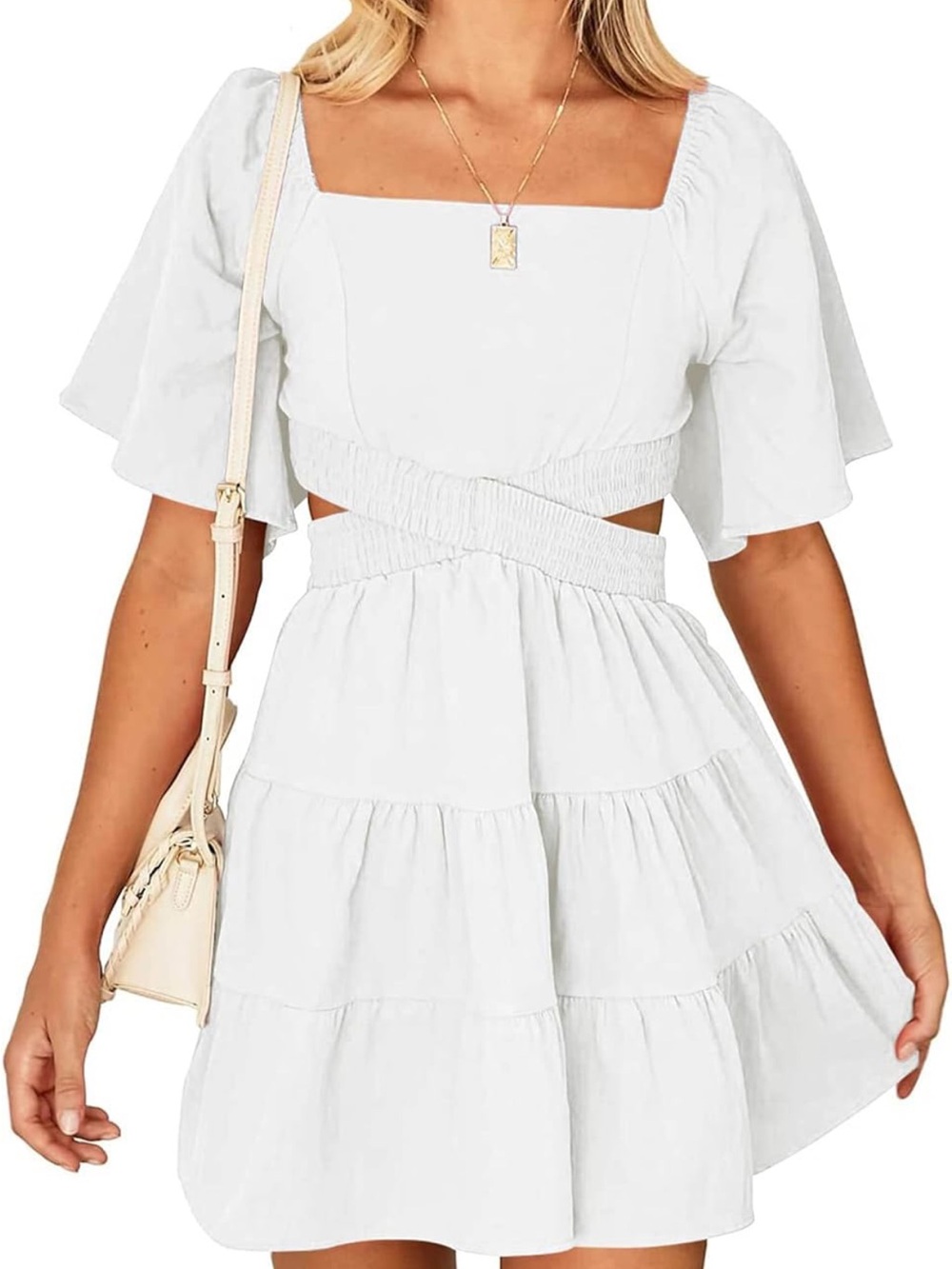 White Square-Neck Tiered Cutout Mini Dress